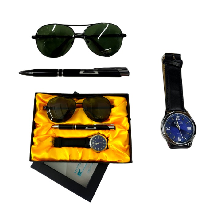Set cadou pentru barbati MATTEO FERARI, cutie cu trei articole practice, ceas barbati, ochelari de soare si pix 20.5x15cm, Negru, Velve