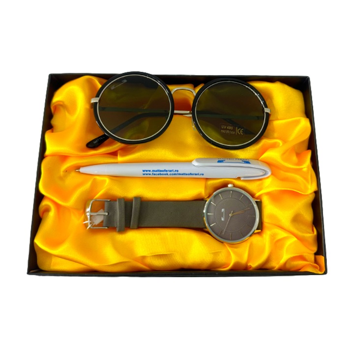 Set pentru femei MATTEO FERARI, cutie cu trei articole practice, ceas dama, ochelari de soare si pix 20.5x15cm, Kaki, Velve