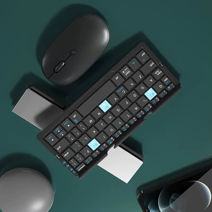 Tastatura wireless, pliabila cu suport magnetic, portabila pentru calatorie, reincarcabila, baterie litiu-ion 160mAh, 60 de taste, timp de lucru neintrerupt 45 ore, tableta, iPad, telefon, gaming, culoare argintiu, 3 dispozitive conectate in acelasi timp