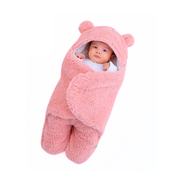 OEM Bolyhos babatakaró, meleg, mackó formájú pólyás, rózsaszín, 80cm