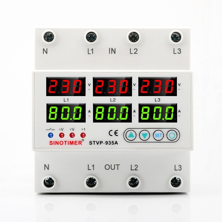 Releu trifazic, SINOTIMER, siguranta digitala de protectie tensiune 220V, reglabil 1-100A, recuperare automata, STVP-935-100A