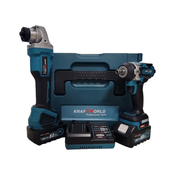Set KraftWorld cu masina de impact 850 Nm 2800 bpm si polizor unghiular 125 mm 8500 rpm M14, 2 acumulatori Li-Ion, 36 V, 8 Ah, cutie pentru depozitare si transport, incarcator, albastru