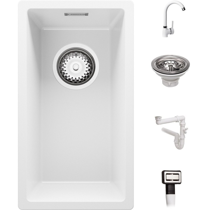 Chiuveta de Bucatarie Granit cu Baterie 5000 si Sifon, 26x47 cm, Adancime 20 cm, Montare Sub Blat, London 30 XL, Primagran, Alb