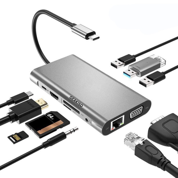 Docking station, 10 in 1, DL-LINK WHV010 Type-C, 3 x USB 3.0, Port 4K HDMI, RJ45 Gigabit Ethernet, 1 USB Type-c, 1080P VGA, SD TF card, SD Audio, Gri metalizat