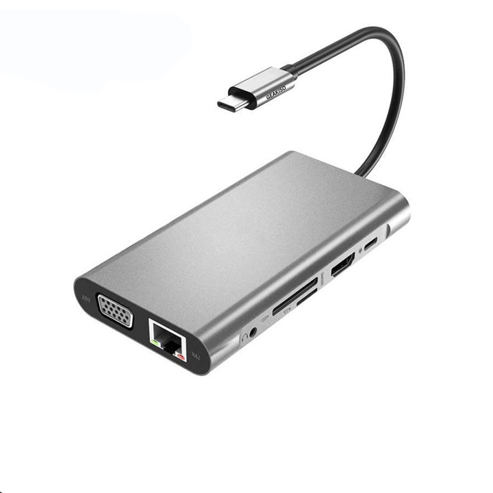 Hub USB C, 10 in 1, 4K HDM, VGA 1080P, 3 x USB 3.0, RJ45 Gigabit Ethernet, Power Delivery, Carduri SD/TF, Audio Gri Metalizat