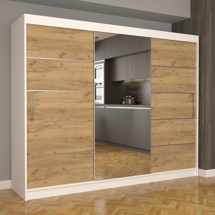 Dulap Dormitor Stefan Plus 250 cm x 200 cm x 61 cm, cu oglinda, alb cu usi glisante oak craft gold