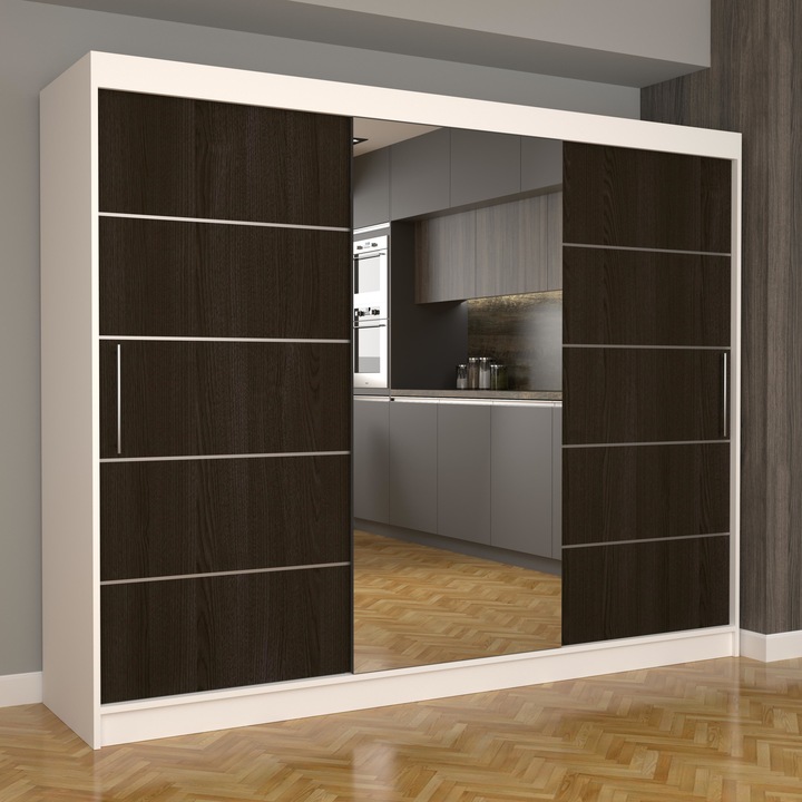 Dulap Dormitor Stefan Plus 250 cm x 200 cm x 61 cm, cu oglinda, alb cu usi glisante wenge