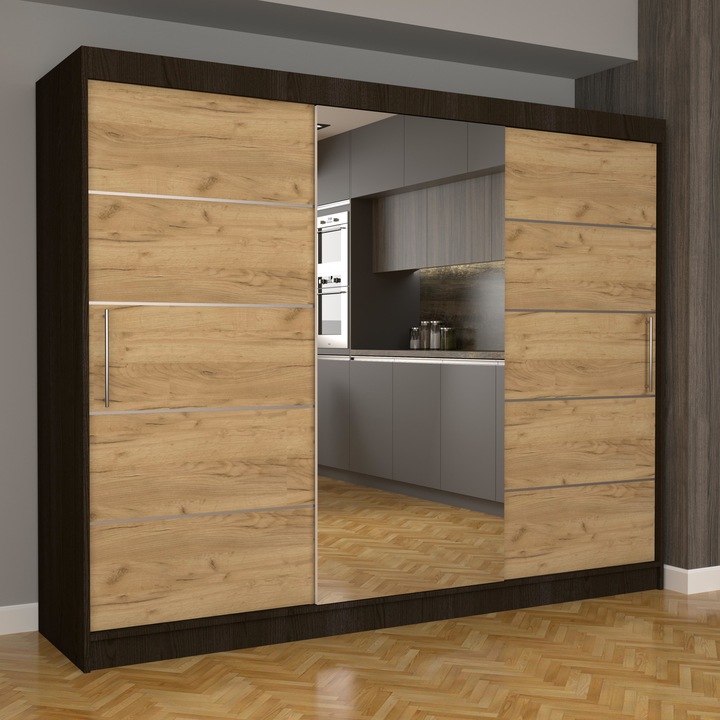 Dulap Dormitor Stefan Plus 250 cm x 200 cm x 61 cm, cu oglinda, wenge cu usi glisante oak craft gold