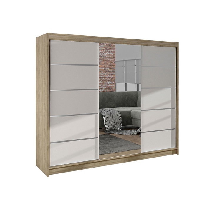 Dulap Genewa VI cu oglinda, MIRJAN24, stejar sonoma / alb, 200x58x215 cm