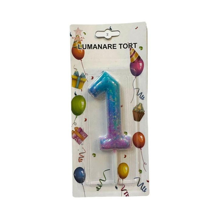 Свещ номер 1, със звезди за торта, 9х5см, син