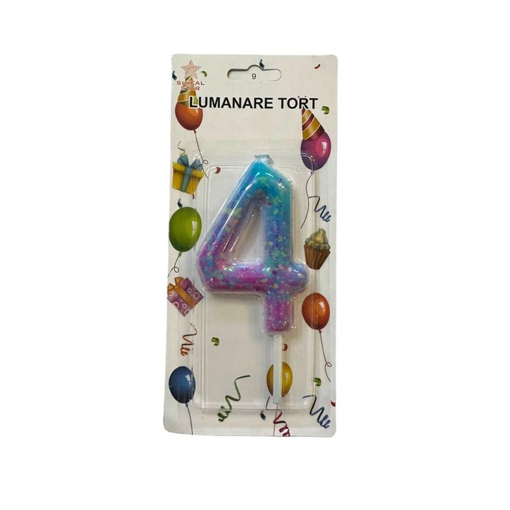 Свещ номер 4, със звезди за торта, 9х5 см, син