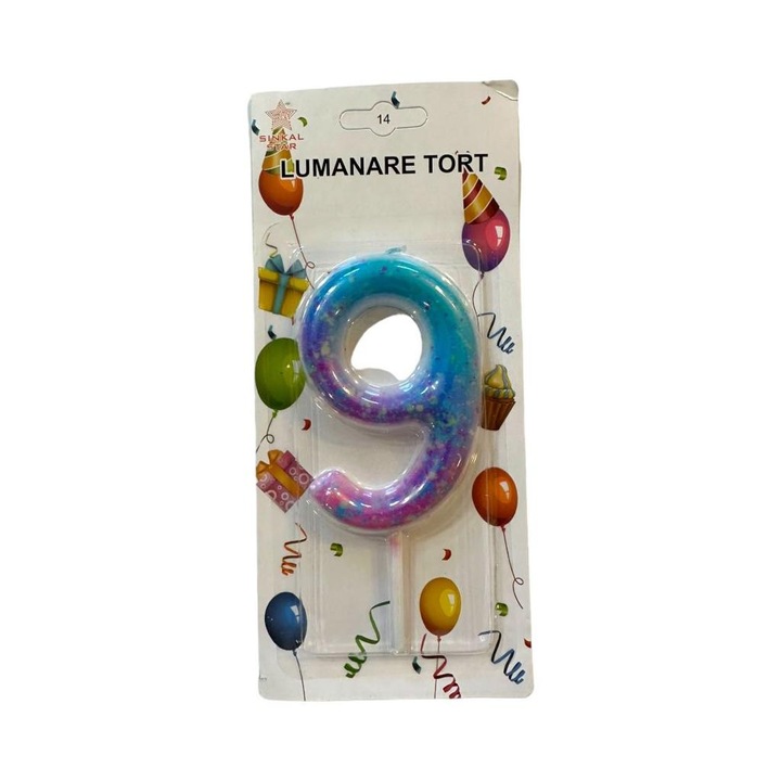 Свещ номер 9, със звезди за торта, 9х5см, синя