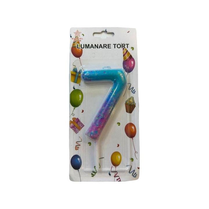 Свещ номер 7, със звезди за торта, 9х5 см, син