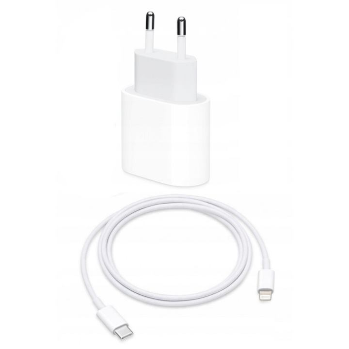Зарядно устройство Fast Charge 20 W и кабел за данни Fast Charge 1 м ADGO, Type-C-Lightning, За Apple iPhone 14 / 14 Pro / 14 Pro Max / 13 / 13 Pro / 13 Pro Max / 12 / 12 Pro / 12 Pro Max, Бял/Сив