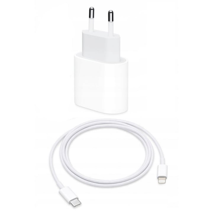 Incarcator Fast Charge 20W si Cablu de Date Fast Charge 1M Type-C-Lightning, ADGO, Compatibil cu Apple iPhone 14 / 14 Pro / 14 Pro Max / 13 / 13 Pro / 13 Pro Max / 12 / 12 Pro / 12 Pro Max, alb/gri