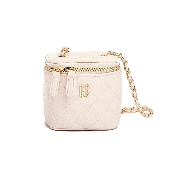 Geanta crossbody cu lant Emily, Piele ecologica, Bej, 10×9×10 cm