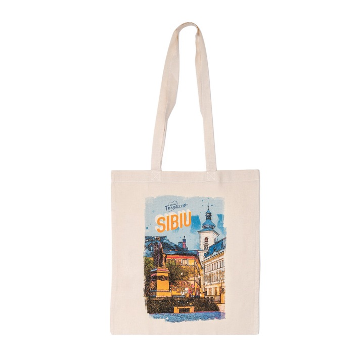 Sacosa bumbac, imagine Sibiu, pentru cumparaturi, cu manere lungi, 36 x 37 cm