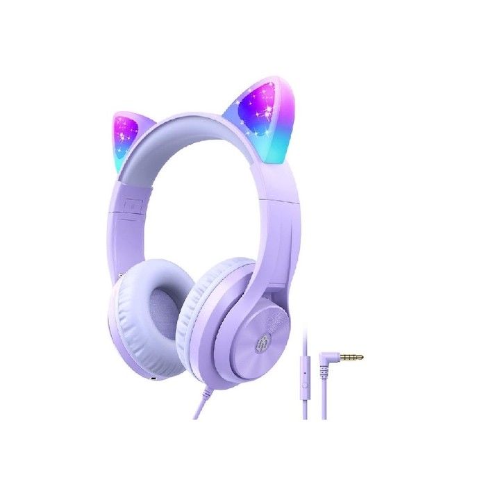 iClever Vezetékes macska füles audio fejhallgató gyerekeknek, összecsukható, korlátozott hangerő 94 dB, mikrofon, fülek LED lámpákkal, HD sztereó hang, 3,5 mm-es jack, iPadhez, számítógéphez, iskola, utazás, lila HS20