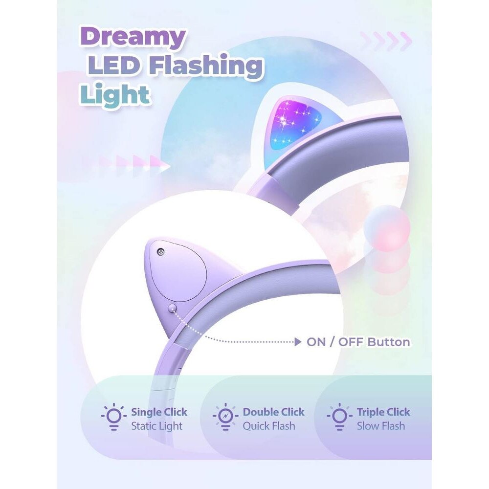 Кабелни аудио слушалки с котешки уши, сгъваеми, за деца, ограничена ...