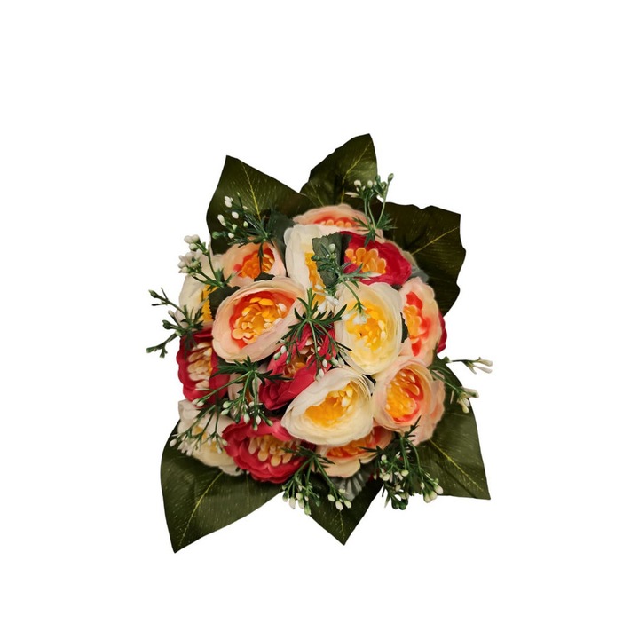 Aranjament buchet 19 flori artificiale, multicolor, rezistent UV, plastic, diametru 30 cm