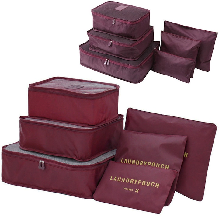 Bőröndszervező cipzáros tároló táskák, 6 különféle méretben, bordó