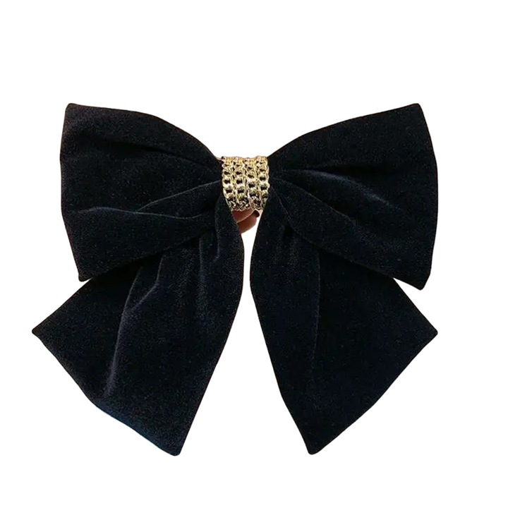 Clama de par, model royal touch de catifea, accesorizat cu funda supradimensionata si accesoriu elegant, neagra, EFAYN