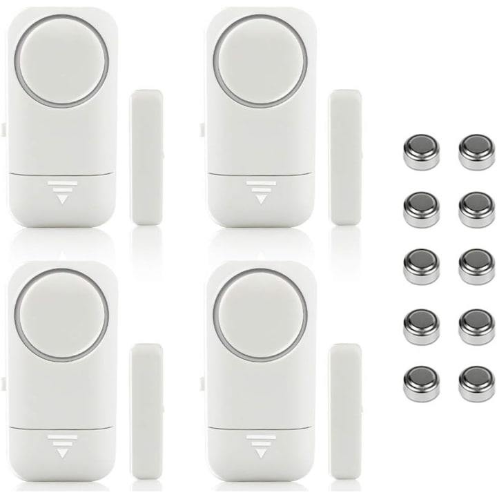 Комплект от 4 аларми за врати и прозорци, JENUOS®, телефонни известия, лесен за инсталиране, безжичен, бял