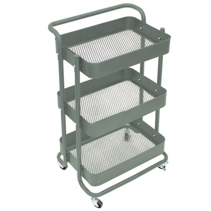 Etajera cu 3 cosuri, Frandis, pe roti, cu maner, metal, 42.5x36.5x84 cm, verde masliniu