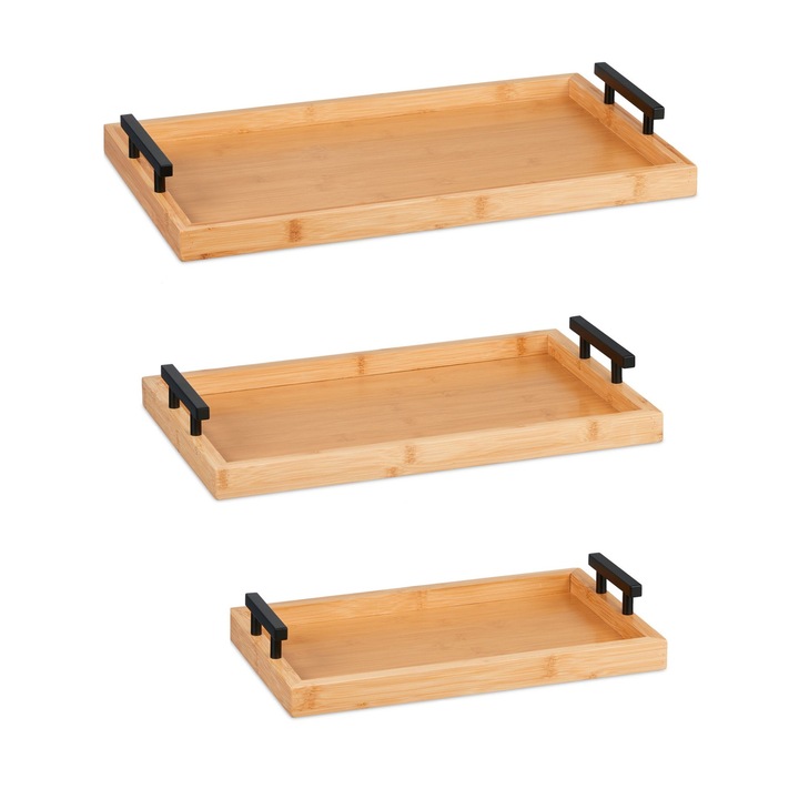 Set 3 tavi servire din bambus MDF si otel, 3 dimensiuni, natural/negru, Relaxdays