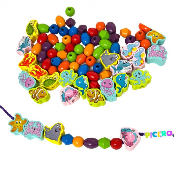 Joc de constructie AKU, 84 piese, margele din lemn Animale Ocean AK5739O