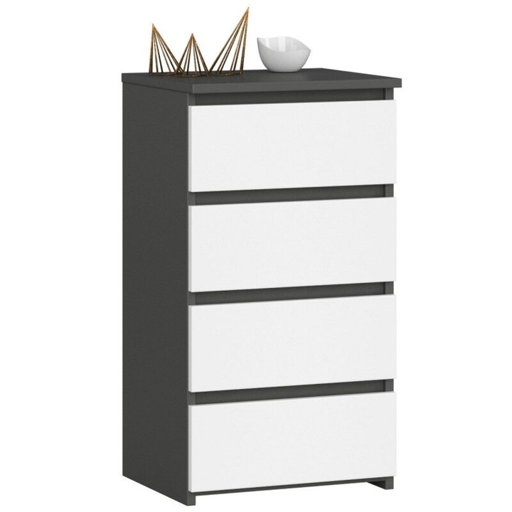 Comoda, placa laminata, 4 sertare, gri si alb, 40x35x74 cm