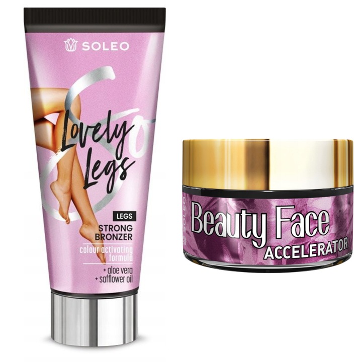 Set autobronzant Soleo, picioare minunate 135 ml, accelerator de fata 15 ml, caramel sexy, flori roz