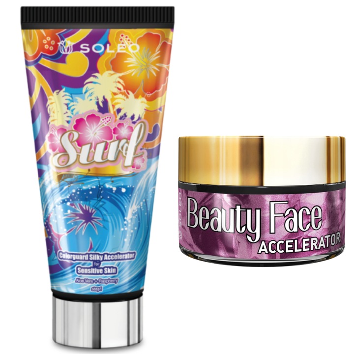 Set produse autobronzante Soleo Surf 150ml + Beauty Face 15ml, cu colagen, pentru piele delicata, parfum flori roz
