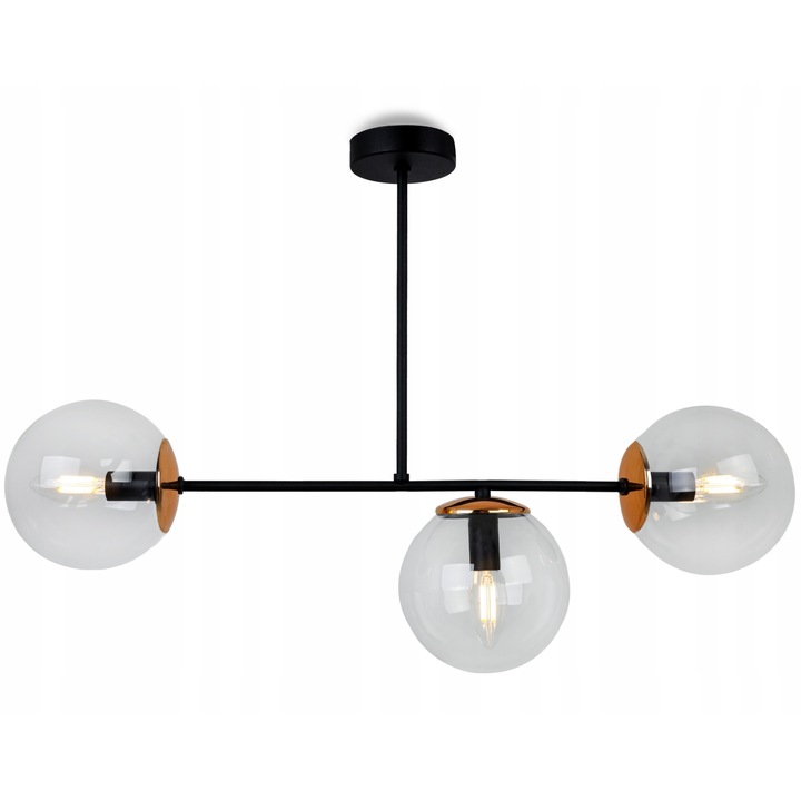 Модерен полилей, Light Home, 3xE14, Метал/Стъкло, Черен/Прозрачен
