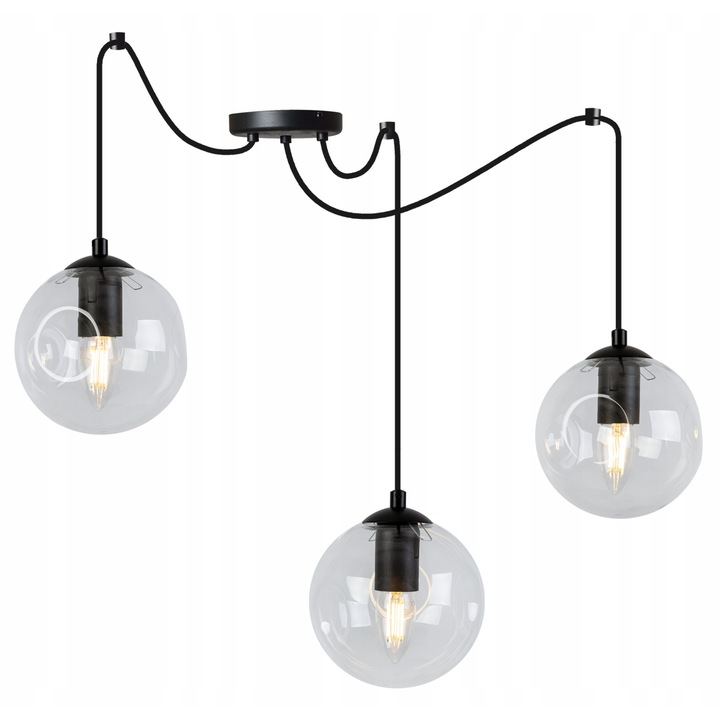 Lustra moderna, Light Home, 3x E27, Metal/Sticla, Negru/Transparent