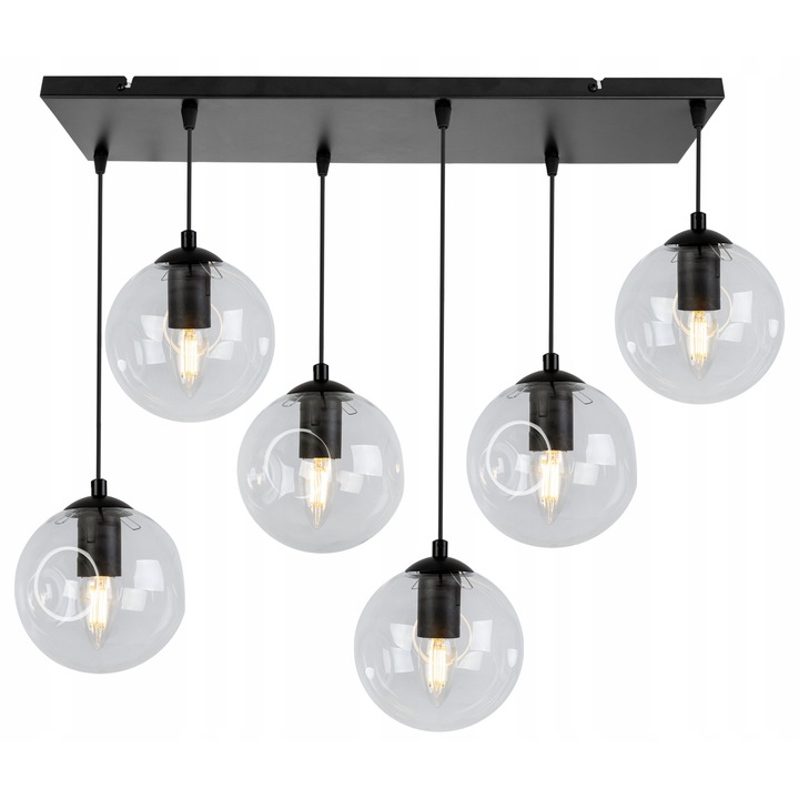 Lustra moderna, Light Home, 6 x E27, Metal/Sticla, Negru/Transparent