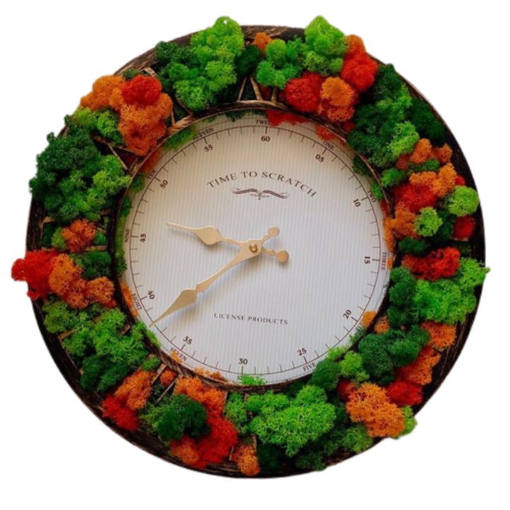 Ceas de perete decorat cu licheni naturali stabilizati, mix de culori - toamna, Doua fire mov, 40cm