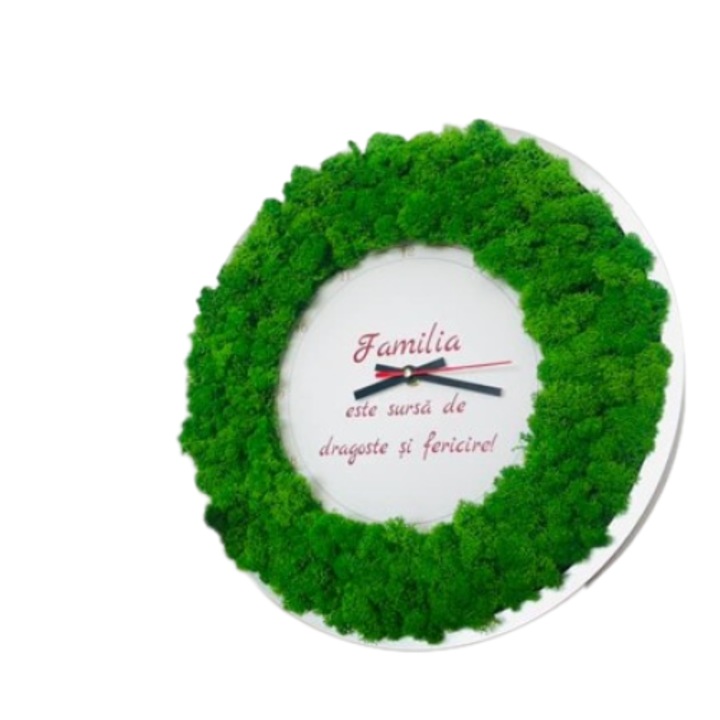 Ceas de perete, ''Familia este sursa de dragoste si fericire!'', decorat cu licheni naturali stabilizati, Doua fire mov, 35cm