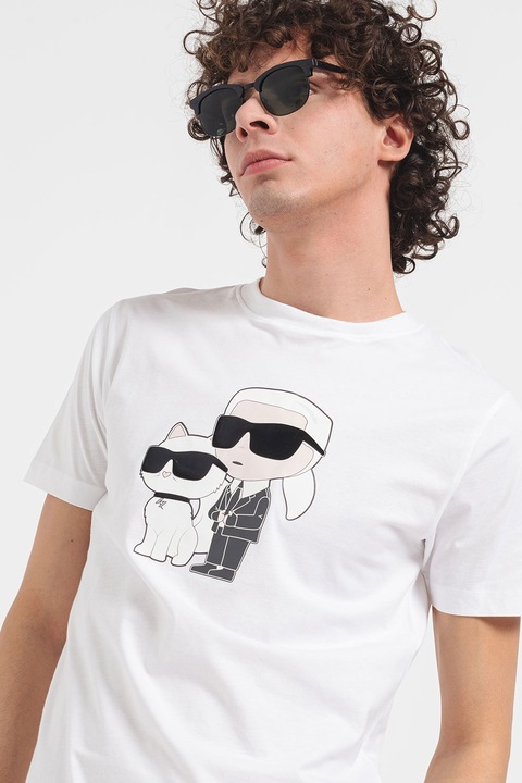 Karl Lagerfeld, Tricou cu decolteu la baza gatului si imprimeu, Alb/Negru, 2XL