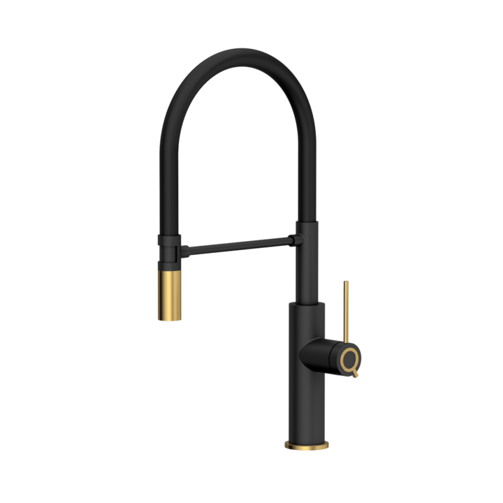 Кухненски смесител GEMMA Q LINE SteelQ с въртяща се дюза, pure carbon / Nano PVD gold, черен маркуч