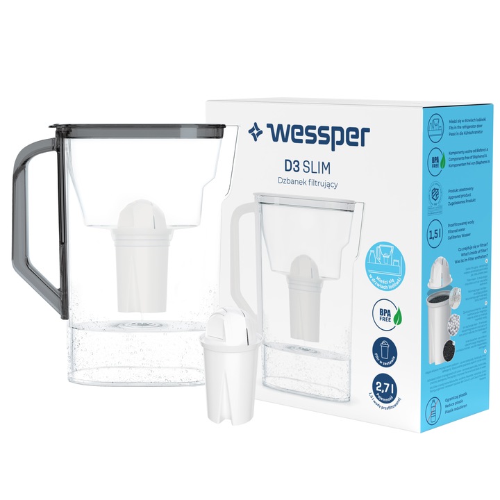 Филтърна чаша, Wessper D3 Slim AquaClassic 2.7L с филтър, черна