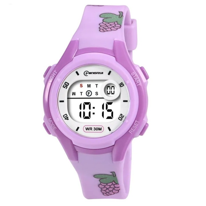 Детски дигитален часовник, Mingrui MR8215LK, модел blackberry, дата, осветление, водоустойчив 30 метра, лилав