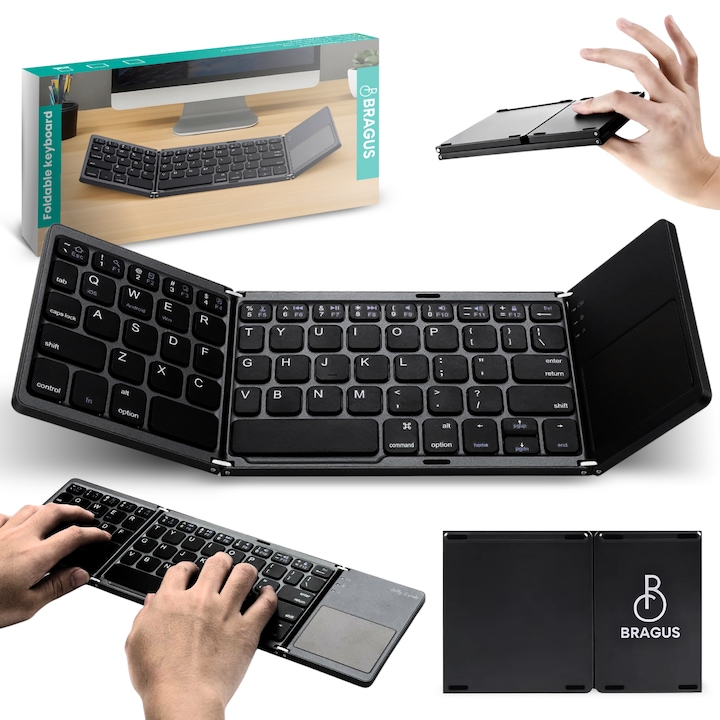 Tastatura Wireless Pliabila, BRAGUS, Ultra Subtire, Portabila, Reincarcabila USB-C, Touch Pad cu 2 click- uri, Pliabila in 3 sectiuni, Bluetooth 5.0, Tastatura fara Fir Ideala pentru Transport, Compatibila Android, iOS, Smart TV, Tableta, PC, 200g, Negru