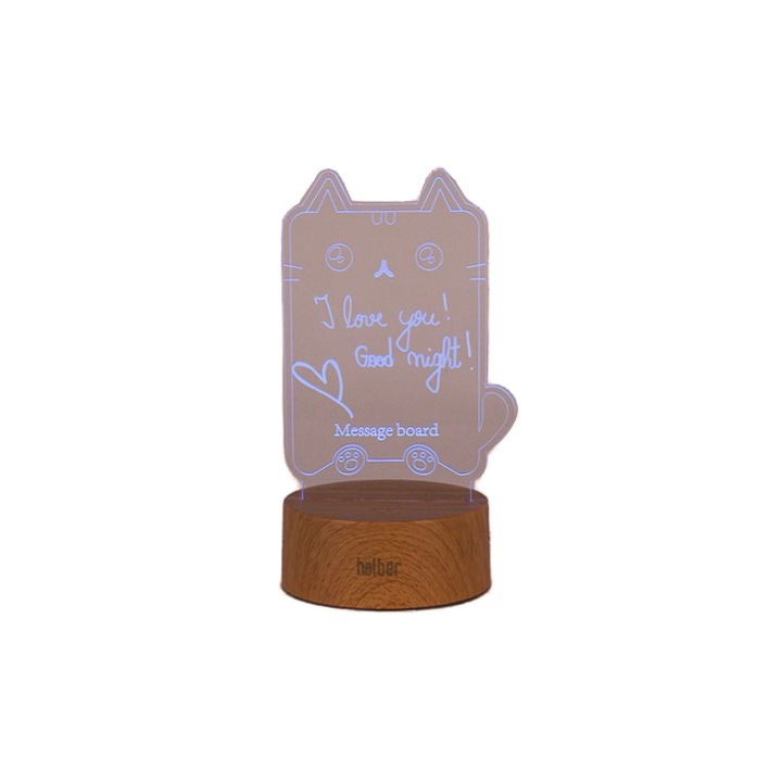 Lampa decorativa 3D halber cu mesaj personalizabil tip Pusheen Cat cu marker inclus, Lemn