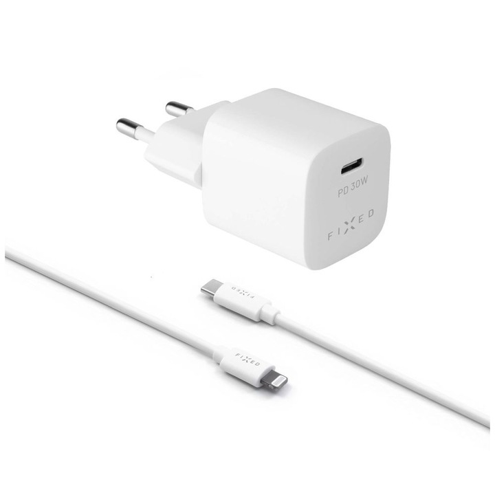 FIXED Mini USB-C Travel Charger 30W + USB-C/Lightning Kábel, Fehér, Töltő