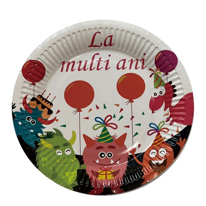 Set 8 farfurii petrecere copii, Capsuniu, la multi ani, 18 cm