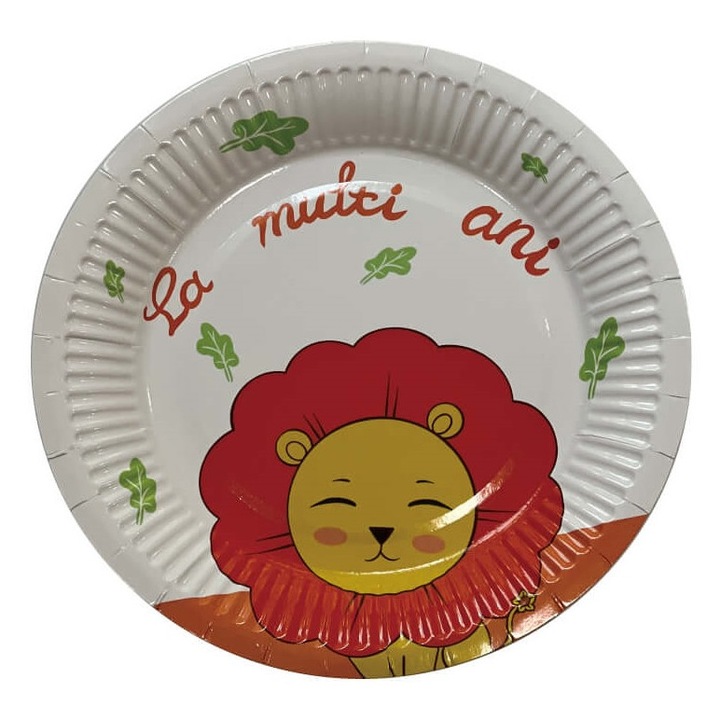 Set 8 farfurii petrecere copii, Leu, la multi ani, 18 cm