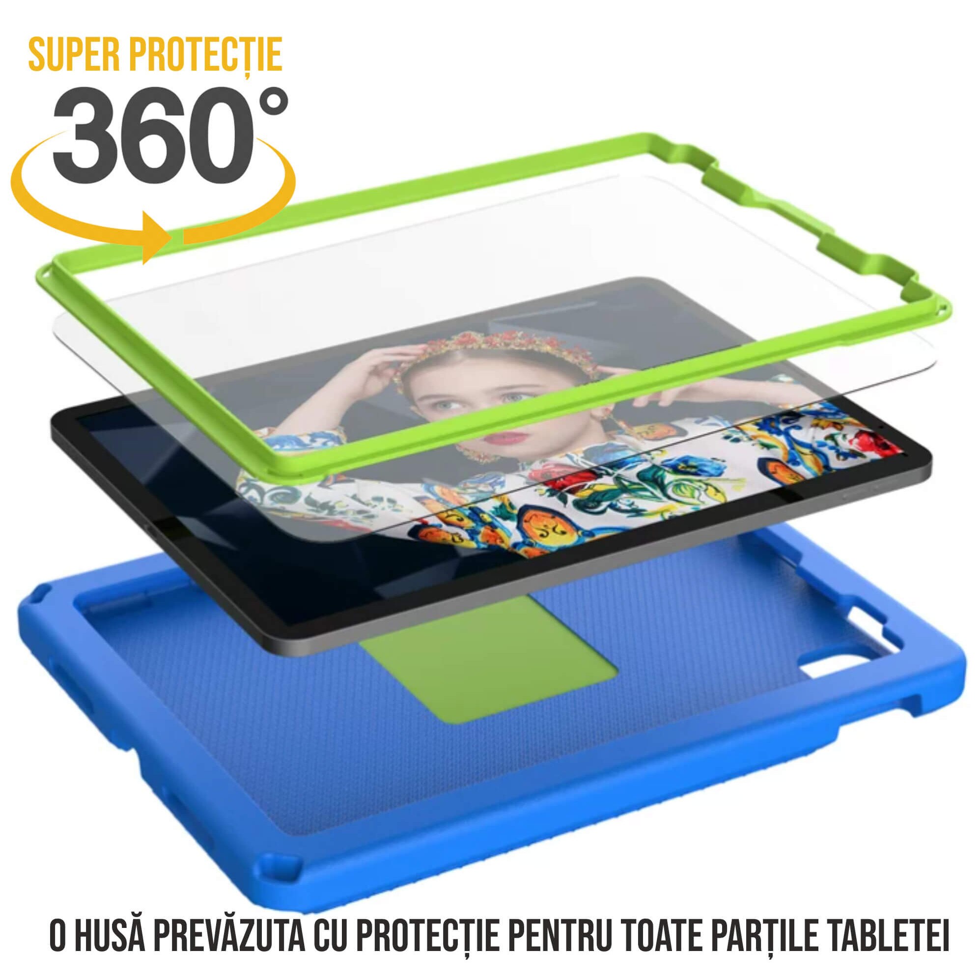 Husa tableta cu protectie fata/spate pentru copii, compatibila cu Samsung Galaxy TAB A7 Lite 8.7" T220/T225, TAB A 8" T290/295 2019, cu suport-inel, spuma, Ideas4Comfort, burete albastru