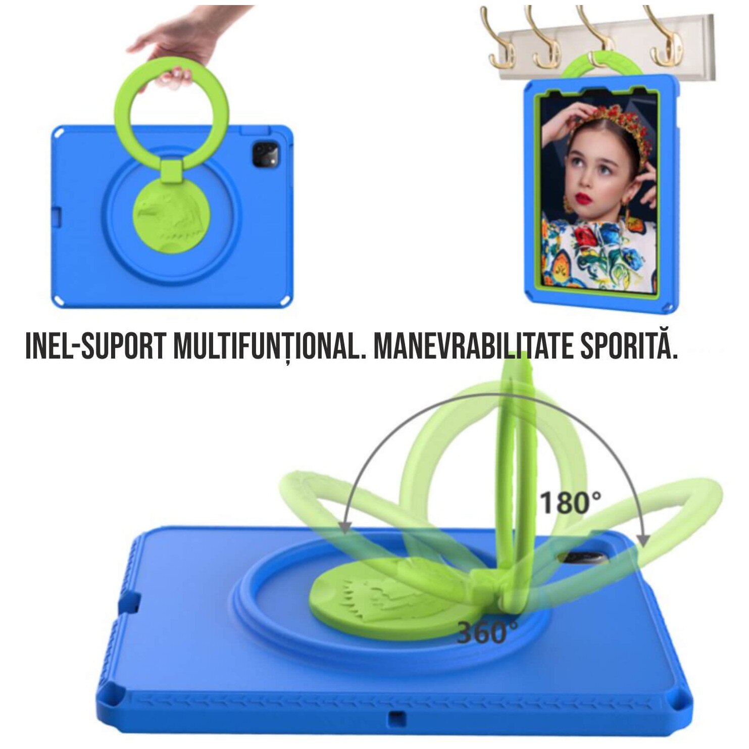 Husa tableta cu protectie fata/spate pentru copii, compatibila cu Samsung Galaxy TAB A7 Lite 8.7" T220/T225, TAB A 8" T290/295 2019, cu suport-inel, spuma, Ideas4Comfort, burete albastru