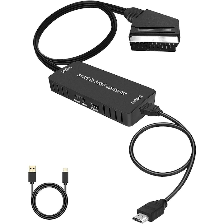 Adaptor scart la HDMI, JENUOS®, cu HDMI cablu, video si sunet audio, 1080P/720P HD, Compatibil Laptop / HDTV / DVD / Video, Negru